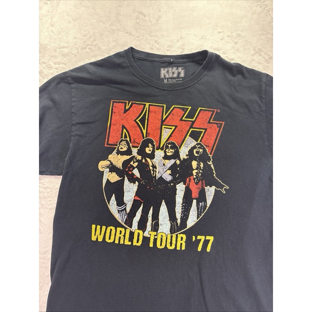 Kiss Classic World Tour '77 Rock Mens Black Cotton T-Shirt Vintage Style Medium